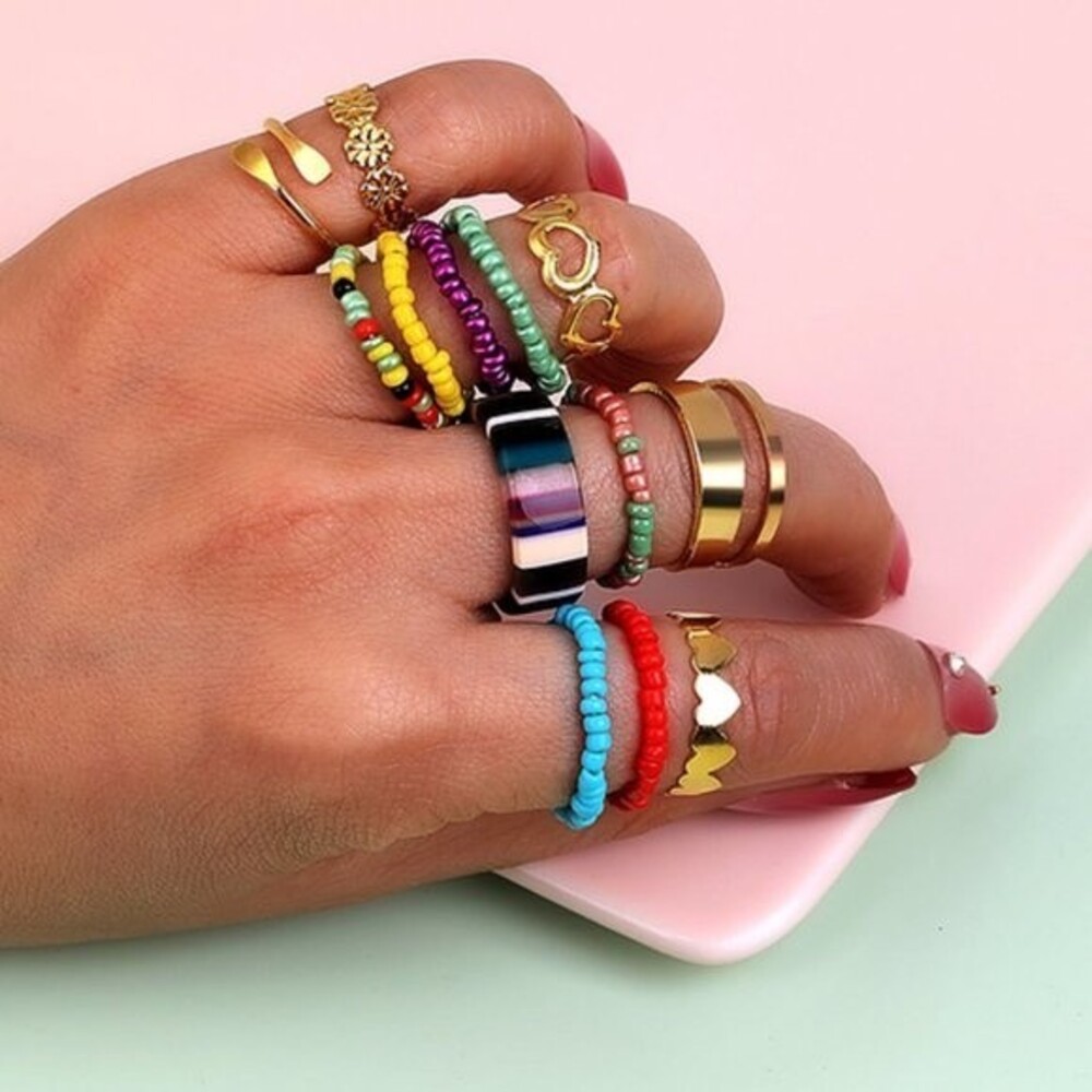 Colorful Mixed Beaded Boho 13 Piece Ring Set Hippie Gypsy Sexy Beach Rings